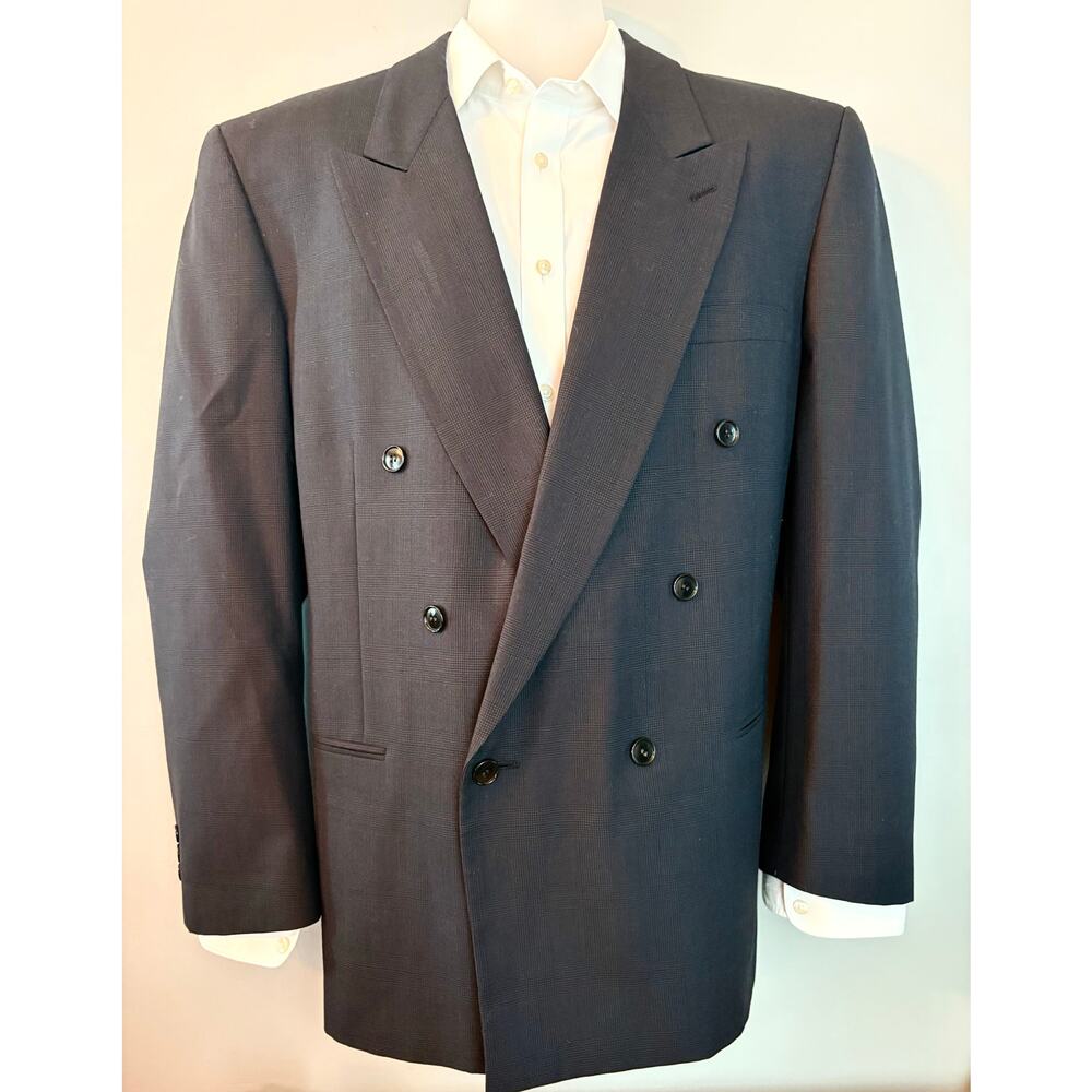 Jones New York Blazer Mens 46R Gray Double Breasted Wool Sport Coat Glen Plaid